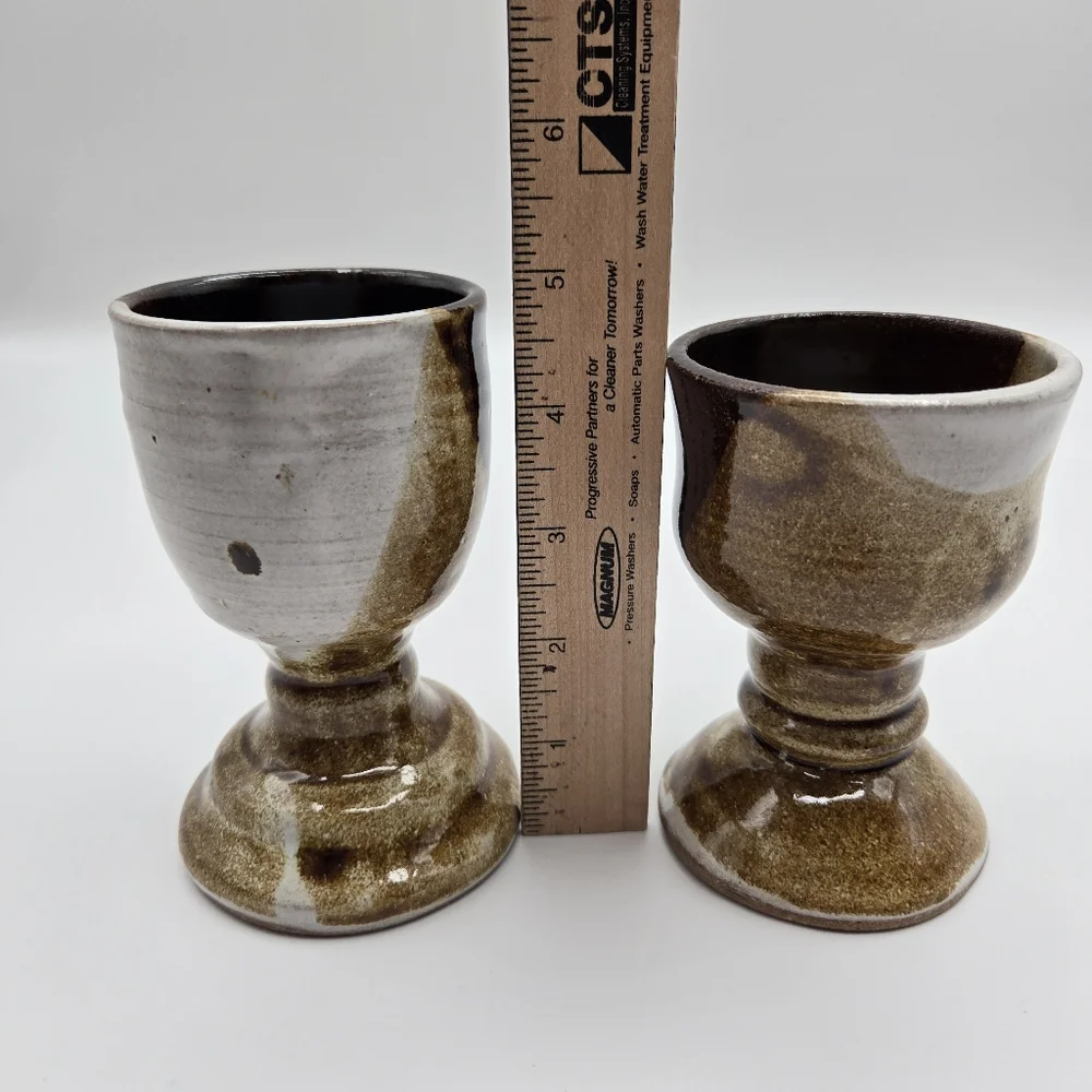 Vintage Handmade Pottery Set Of 2 Small Glazed Goblets Chalice Cups Signed JILL